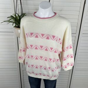 Vintage 1980 GFC LTD Cream Pink Geo Stripe Sweater Top Approx Size L Cottagecore